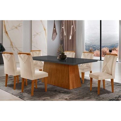 Sala De Jantar Completa Luna Tampo Madeirado Com Vidro Reto 180x90 E 6 Cadeiras Amsterdã Imbuia - Veludo Creme - Rufato