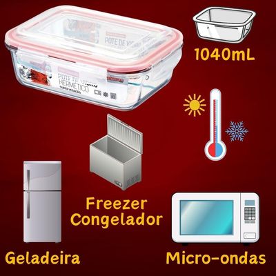 Vasilha De Vidro Hermética Com Tampa 1040ml Mantimentos Para Microondas Freezer Congelador Geladeira Comida Pote