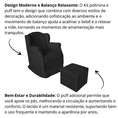 Poltrona Amamentação Balanço Confortável Puff Pétala Suede Cor:preto