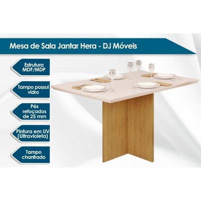 Sala De Jantar Completa Hera Tampo Madeirado C- Vidro Reto 120x90cm E 4 Cadeiras Lia Cedro-off White - Suede Kraft - Dj Móveis