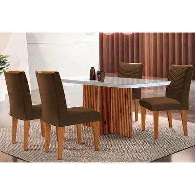Sala De Jantar Completa Berlim C- Tampo Madeirado Vidro Canto Curvo 120x80cm E 4 Cadeiras Londrina Imbuia-off White - Suede Marrom - Rufato