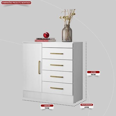 Cômoda 4 Gavetas 1 Porta Com Rodizios Montevidéu Branco rosa branco