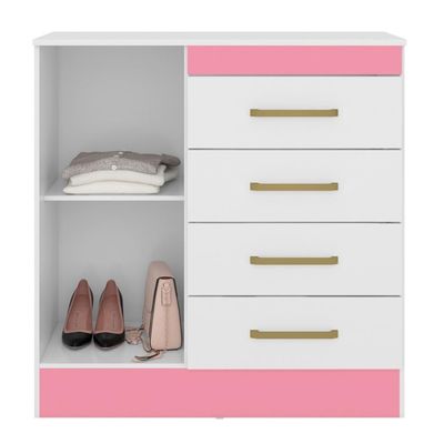 Cômoda 4 Gavetas 1 Porta Com Rodizios Montevidéu Branco rosa branco