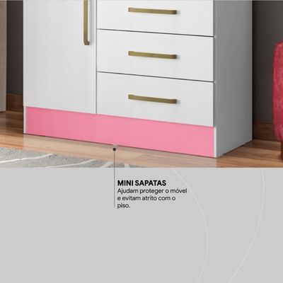 Cômoda 4 Gavetas 1 Porta Com Rodizios Montevidéu Branco rosa branco