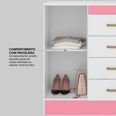 Cômoda 4 Gavetas 1 Porta Com Rodizios Montevidéu Branco rosa branco