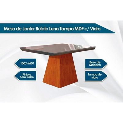Sala De Jantar Completa Luna C- Tampo Madeirado C- Vidro Canto Curvo 90x90cm E 4 Cadeiras Londrina Imbuia-off White - Linho Grafite - Rufato