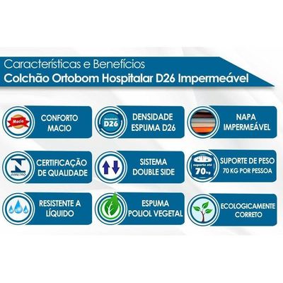 Colchão Solteiro Hospitalar Impermeável D26 Napa Azul (88x188x12) - Ortobom