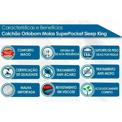Colchão Solteiro Molas Ensacadas Superpocket Sleep King Ortopillow (88x188x32) - Ortobom