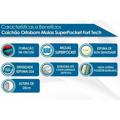 Colchão Solteiro Molas Ensacadas Superpocket Iso Ortopillow (78x188x25) - Ortobom