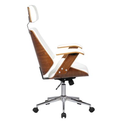 Cadeira Giratória Lisboa Bergen Rivatti Com Encosto De Cabeça Madeira Laminada Pu Branco Base Rodízio
