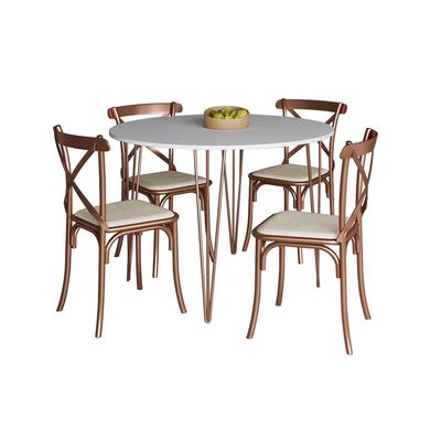 Mesa Jantar Redonda Branca Elen 110cm Hairpin Com 4 Cadeiras Katrina Cobre Branco