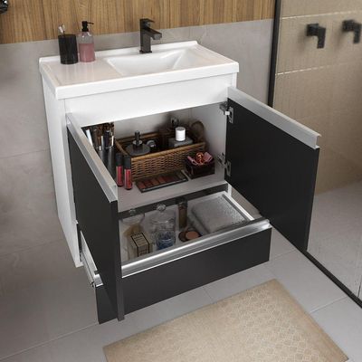 Conjunto Gabinete Banheiro Fox 60cm (gabinete + Cuba + Espelheira) Branco Preto