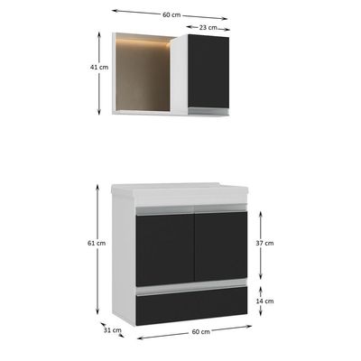 Conjunto Gabinete Banheiro Fox 60cm (gabinete + Cuba + Espelheira) Branco Preto