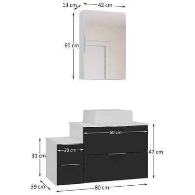 Conjunto Gabinete Banheiro Nivus 80 (gabinete+espelheira+cuba) Branco Preto