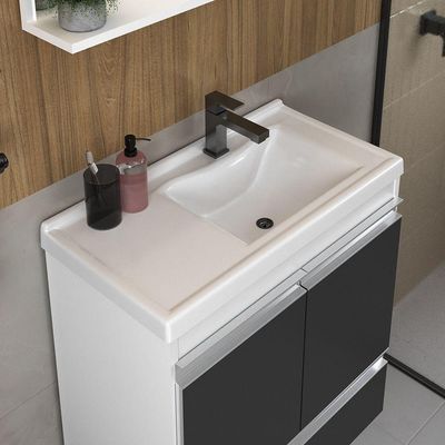Conjunto Gabinete Banheiro Fox 60cm (gabinete + Cuba + Espelheira) Branco Preto