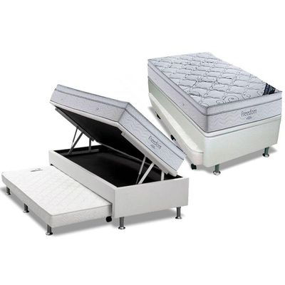 Conjunto Box Baú Solteiro Colchão Molas Ortobom Superpocket Freedom Visco + Base Crc Courano Branco(88x188)