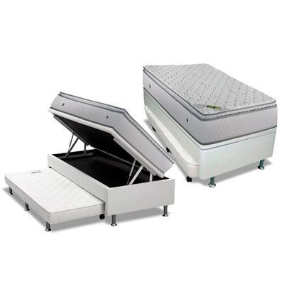 Cama Box Baú C/auxiliar Solteiro: Colchão Molas Luckspuma Masterpocket Luck Spring + Box Crc Courano Branco(88x188)