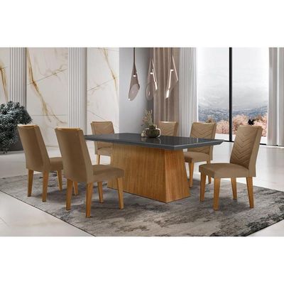 Sala De Jantar Completa Luna C- Tampo Vidro Canto Curvo 180x90cm E 6 Cadeiras Londrina Imbuia-grafite - Suede Capuccino - Rufato