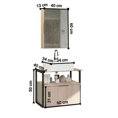 Conjunto Gabinete Urbe 60cm Madeirado Inteiro Tampo Branco Cuba Branca
