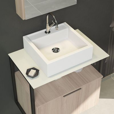Conjunto Gabinete Urbe 60cm Madeirado Inteiro Tampo Branco Cuba Branca