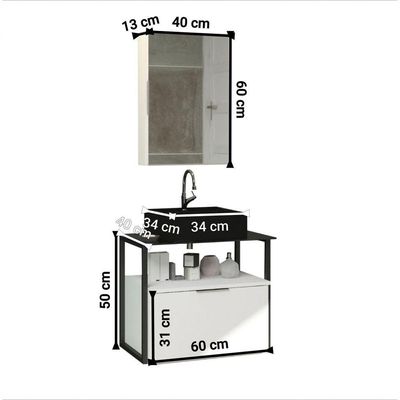 Conjunto Gabinete Urbe 60cm Branco Inteiro Tampo Preto Cuba Preto