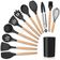 Kit 12 Utensílios De Cozinha Peças De Silicone E Cabo De Madeira Madeira Resistentes - Preto