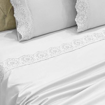 Jogo de Cama Lençol Bella Queen 4 Peças MicroPercal 300 Fios Bordado Inglês Macio - Branco