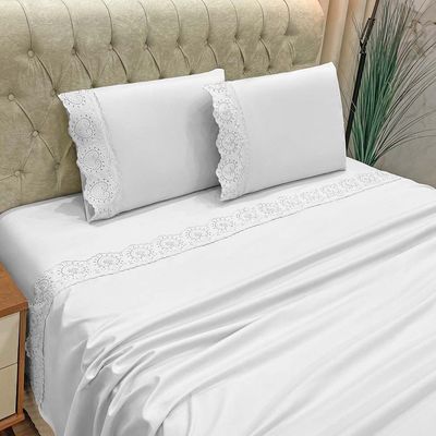 Jogo de Cama Lençol Bella Queen 4 Peças MicroPercal 300 Fios Bordado Inglês Macio - Branco