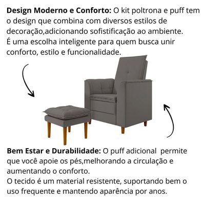 Poltrona Decorativa Amamentação Reforçada E Puff Luly Suede cinza