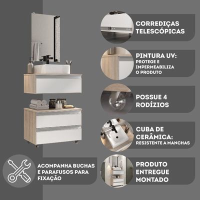 Conjunto Gabinete Banheiro Creta 60cm (gabinete+espelheira+cuba) Madeirado Branco