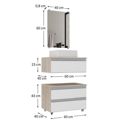 Conjunto Gabinete Banheiro Creta 60cm (gabinete+espelheira+cuba) Madeirado Branco