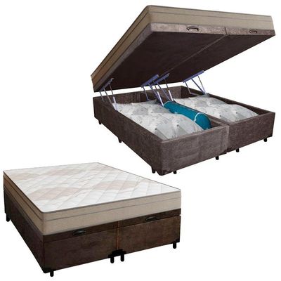 Cama Box Baú Casal Bipartido Suede + Colchão De Molas Ensacadas Portobel Ipanema 138x188x66cm Marrom