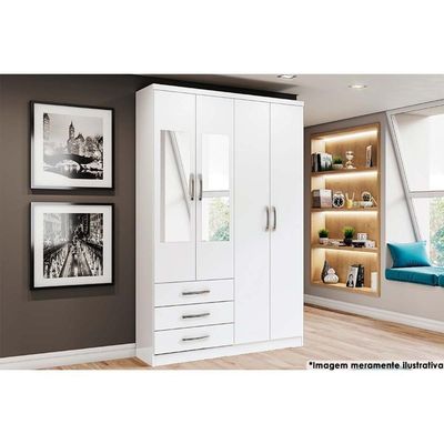 Guarda Roupa Solteiro 4 Portas E 3 Gavetas C- Espelho Caju Da135 Branco