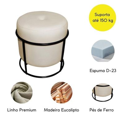 Puff Decorativo Redondo Para Sala Argola Serena Bege Base Pés:preto;tecido:linho