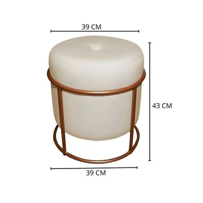 Puff Decorativo Redondo Para Sala Argola Serena Bege Base Pés bronze tecido linho