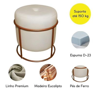 Puff Decorativo Redondo Para Sala Argola Serena Bege Base Pés bronze tecido linho