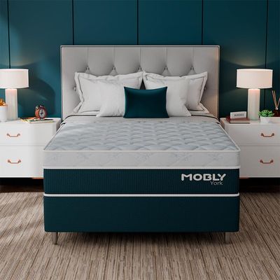 Cama Box Viúva York com Colchão Molas Ensacadas (61x128x188) Azul e Branca