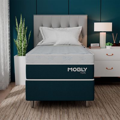 Cama Box Solteiro York com Colchão Molas Ensacadas (61x88x188) Azul e Branca