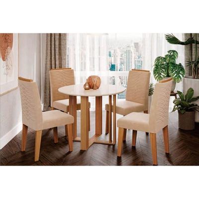 Sala De Jantar Completa Flora C- Tampo Madeirado 109cm E 4 Cadeiras Clarice Cinamomo-off White - Nature-madeirado-linho Be - Cimol