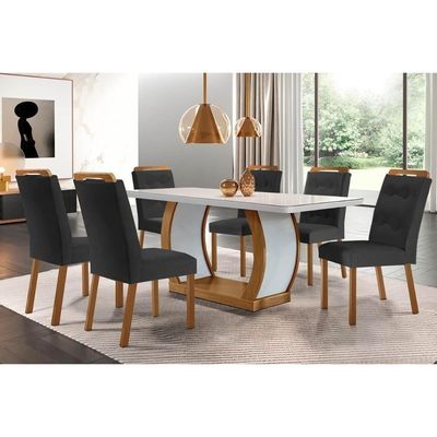 Sala De Jantar Completa Jade Tampo Madeirado C- Vidro Canto Curvo 180x90 E 6 Cadeiras Imperatriz Imbuia-off White - Suede Grafite - Rufato