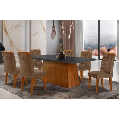 Sala De Jantar Completa Luna Tampo Madeirado C- Vidro Canto Reto 180x90 E 6 Cadeiras Amsterdã Imbuia - Veludo Capuccino - Rufato