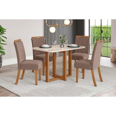 Sala De Jantar Completa Natalí C- Tampo Madeirado C- Vidro Curvo 120x80cm E 4 Cadeiras Bella Nature-marrom Amêndoa - Henn