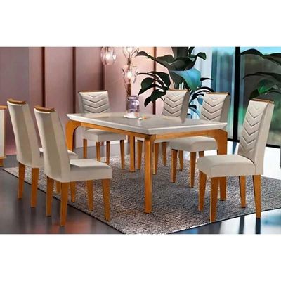 Sala De Jantar Completa Londrina Tampo Madeirado C- Vidro Reto 180x90 E 6 Cadeiras Londrina Imbuia - Veludo Creme - Rufato