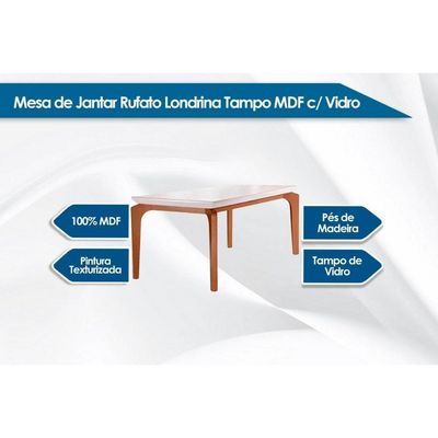 Sala De Jantar Completa Londrina Tampo Madeirado C- Vidro Reto 180x90 E 6 Cadeiras Londrina Imbuia - Veludo Creme - Rufato