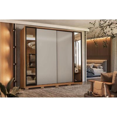 Guarda Roupa Solteiro 4 Portas De Correr E 4 Gavetas C- 2 Vidros Reflecta E Pés Laredo Flex Amêndola-amêndola Ou Nude