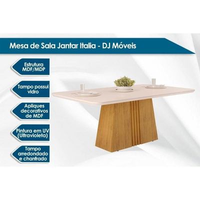 Sala De Jantar Completa Italia Tampo Madeirado C- Vidro Curvo 170x90cm E 4 Cadeiras Zoe Freijo-off White - Suede Moca - Dj Móveis