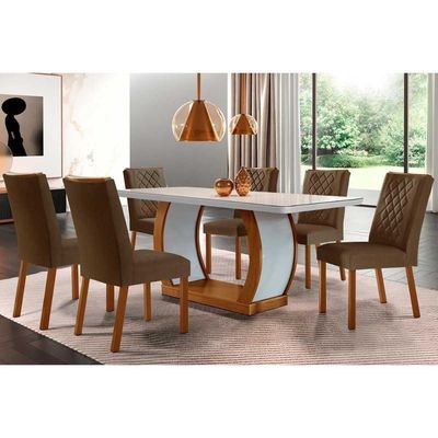 Sala De Jantar Completa Jade Tampo Madeirado C- Vidro Curvo 180x90 E 6 Cadeiras Jade Imbuia-off White - Veludo Marrom - Rufato