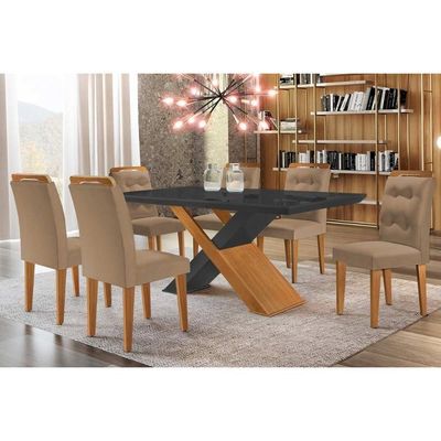 Sala De Jantar Completa Imperatriz Tampo Madeirado C- Vidro Curvo 180x90 E 6 Cadeiras Imperatriz Imbuia-grafite - Suede Capuccino - Rufato
