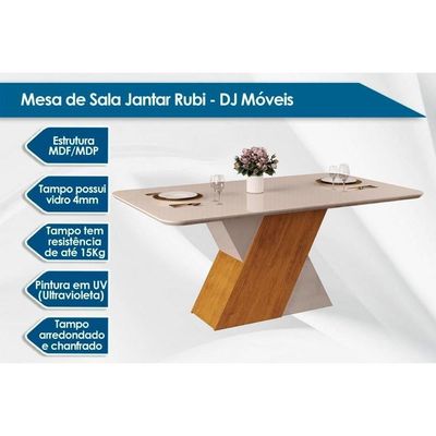 Sala De Jantar Completa Rubi Tampo Madeirado C- Vidro Curvo 170x90cm E 6 Cadeiras Lia Cedro-off White-off White - Suede Moca - Dj Móveis
