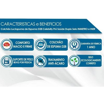 Colchão Solteiro Espuma D28 Celebrity Pró Saúde (88x188x14) Luckspuma